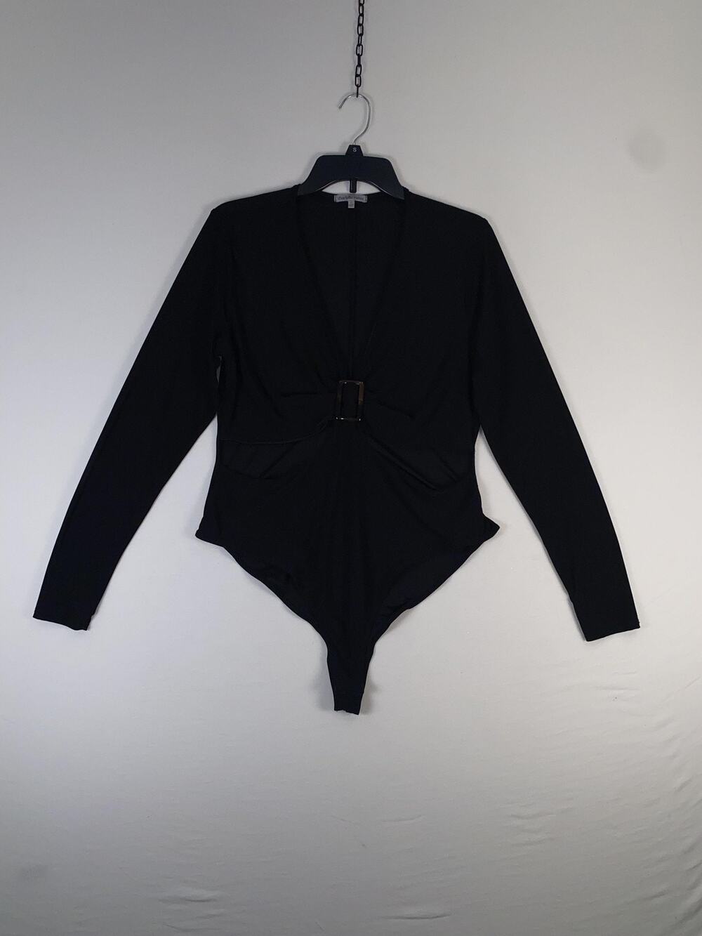Charlotte Russe Bodysuit Womens XL Black Long Sleeve Plunge Buckle Stretch